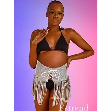 Fstrend Rhinestone Tassel Skirt Silver Sparkly Party Wear