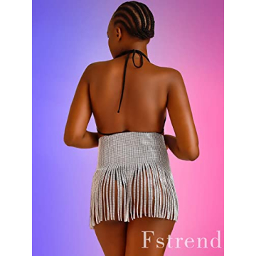 Fstrend Rhinestone Tassel Skirt Silver Sparkly Party Wear