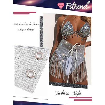 Fstrend Rhinestone Tassel Skirt Silver Sparkly Party Wear