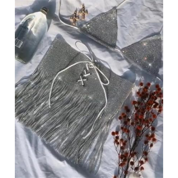 Fstrend Rhinestone Tassel Skirt Silver Sparkly Party Wear