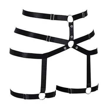 Women body harness Garter belt Leg strap Lingerie cage Soft Elasticity Carnival Punk Gothic Adjustable (Black+Silver)