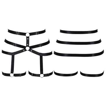 Women body harness Garter belt Leg strap Lingerie cage Soft Elasticity Carnival Punk Gothic Adjustable (Black+Silver)