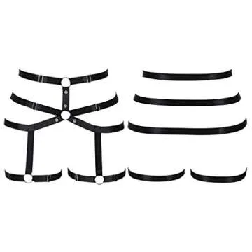Women body harness Garter belt Leg strap Lingerie cage Soft Elasticity Carnival Punk Gothic Adjustable (Black+Silver)