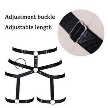 Women body harness Garter belt Leg strap Lingerie cage Soft Elasticity Carnival Punk Gothic Adjustable (Black+Silver)