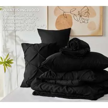CozyLux Queen Comforter Set 7 Pieces Bed in A Bag Black Comforters Queen Size Bed Set Pintuck Pinch Pleat Complete Bedding Sets with Comforter, Flat Sheet, Fitted Sheet and Pillowcases & Shams