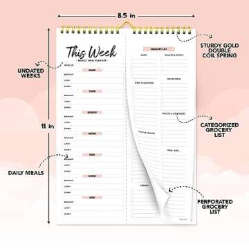 Decorably 52 Sheets Minimal Pink Undated Meal Planner and Grocery List, 8.5x11in Spring-Bound Menu Plan Notepad