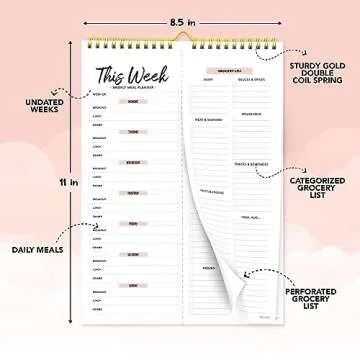 Decorably 52 Sheets Minimal Pink Undated Meal Planner and Grocery List, 8.5x11in Spring-Bound Menu Plan Notepad