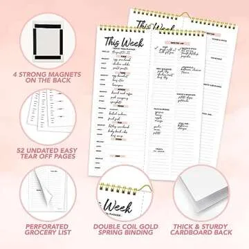 Decorably 52 Sheets Minimal Pink Undated Meal Planner and Grocery List, 8.5x11in Spring-Bound Menu Plan Notepad