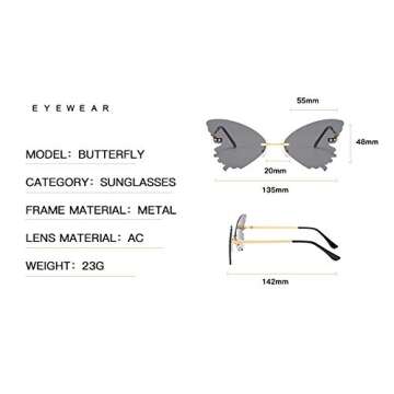 Butterfly Rimless Sunglasses for Women Vintage Metal Frame Cat Eye glasses for party cute Streetwear eyewear