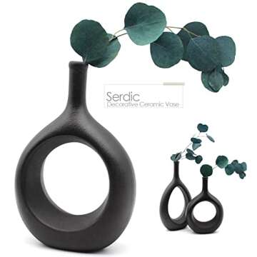 Serdic Ceramic Hollow Vase Modern Decorative Flower Vase for Centerpieces, Wedding, Gifts, Kitchen, Living Room or Flower Shop 9.4inch Black