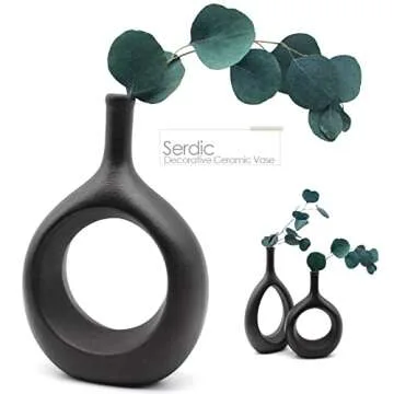 Serdic Ceramic Hollow Vase Modern Decorative Flower Vase for Centerpieces, Wedding, Gifts, Kitchen, Living Room or Flower Shop 9.4inch Black