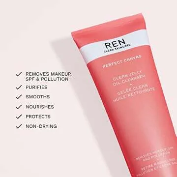 REN Clean Skincare - Perfect Canvas Clean Jelly Oil Cleanser - Non-Stripping Face Cleanser to Remove Makeup, Pollution & SPF, 3.3 fl oz