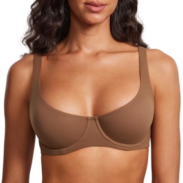 DOBREVA Women's Unlined Balconette Bra Underwire Supportive Plus Size Smooth Scoop Neck Sandalwood B...