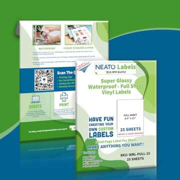 Printable Vinyl Sticker Paper - 25 Super Glossy Waterproof Labels for Inkjet and Laser Printers - Premium White Full Sheets - Strong Adhesive - Tear Resistant