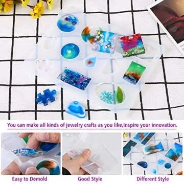 Heflashor Silicone Molds for Epoxy Resin, DIY Jewelry Resin Casting Molds, Silicone Casting Molds Craft Making Kit with Glitters Colors for Beginners,Birthday Gifts for KidsFriends,HomeOffice Décor