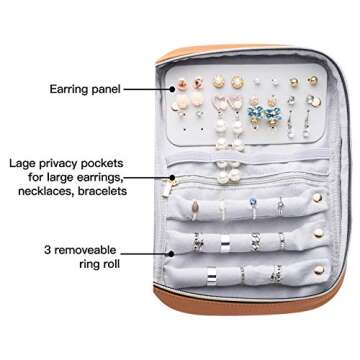 Famiry Travel Jewelry Organizer, Large Capacity Case for Tangle-Free Earrings, Necklace, Earrings, Rings, Bracelet （Brown Vegan Leather） - Perfect for Valentine's Day