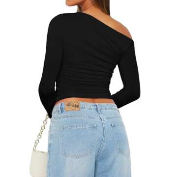 PINKMSTYLE Womens Sexy Long Sleeve Off The Shoulder Tops Double Lined Y2K Going Out Tops Concert Outifts Black Large