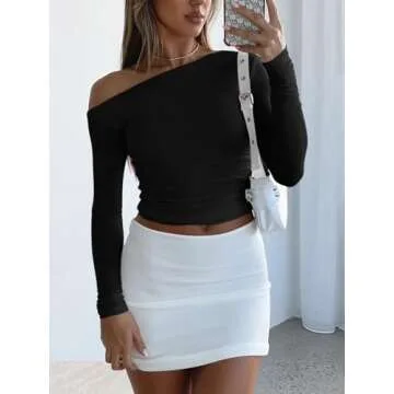 PINKMSTYLE Womens Sexy Long Sleeve Off The Shoulder Tops Double Lined Y2K Going Out Tops Concert Outifts Black Large