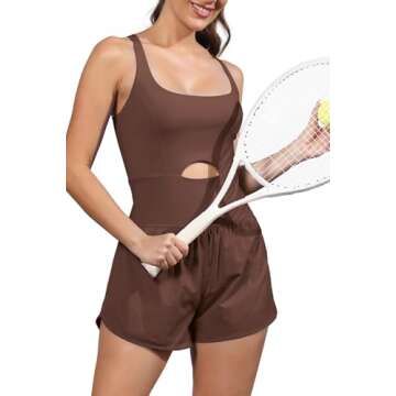 ReachMe Womens Running Onesie Workout Rompers Athletic Romper One Piece Outfits Exercise Jumpsuits Gym Yoga Clothes(Coffee Brown,S)