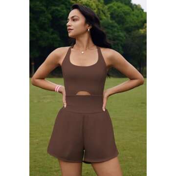 ReachMe Womens Running Onesie Workout Rompers Athletic Romper One Piece Outfits Exercise Jumpsuits Gym Yoga Clothes(Coffee Brown,S)