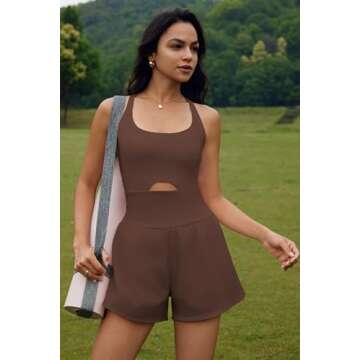 ReachMe Womens Running Onesie Workout Rompers Athletic Romper One Piece Outfits Exercise Jumpsuits Gym Yoga Clothes(Coffee Brown,S)