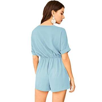 SweatyRocks Women's Short Sleeve V Neck Botton Up Knot Front Jumpsuit Romper Blue XL