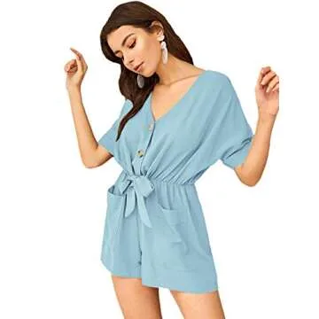 SweatyRocks Women's Short Sleeve V Neck Botton Up Knot Front Jumpsuit Romper Blue XL