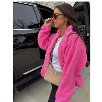 Daacee Fuzzy Fleece Jacket Women Winter Warm Button Down Sherpa Shacket Coats Outerwear with Pockets(0560-RoseRed-XL)