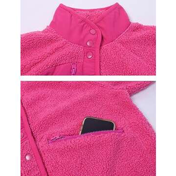 Daacee Fuzzy Fleece Jacket Women Winter Warm Button Down Sherpa Shacket Coats Outerwear with Pockets(0560-RoseRed-XL)