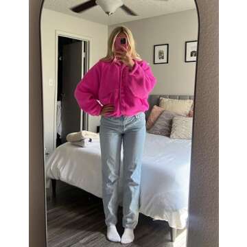 Daacee Fuzzy Fleece Jacket Women Winter Warm Button Down Sherpa Shacket Coats Outerwear with Pockets(0560-RoseRed-XL)