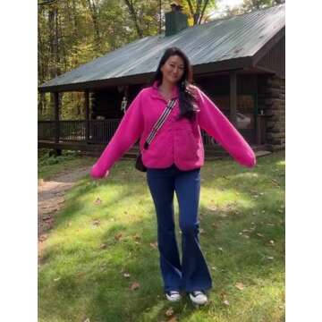 Daacee Fuzzy Fleece Jacket Women Winter Warm Button Down Sherpa Shacket Coats Outerwear with Pockets(0560-RoseRed-XL)