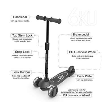 6KU Scooters for Kids 3-10 Year Old with Flash Wheels, Toddler Scooter 4 Adjustable Height, Extra-Wide PU LED Wheels, 3 Wheel Scooters for Girls & Boys (Black)