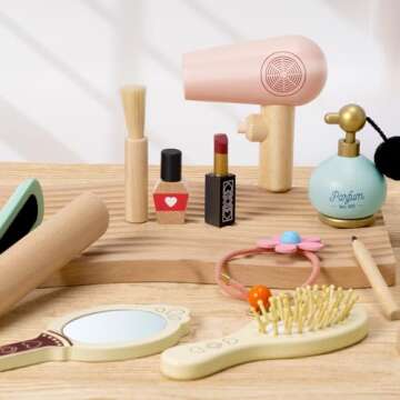 Atoylink Wooden Makeup Toy Set, 15Pcs Hair Salon Girl Toys Toddler Pretend Play Makeup Kit with Plus...