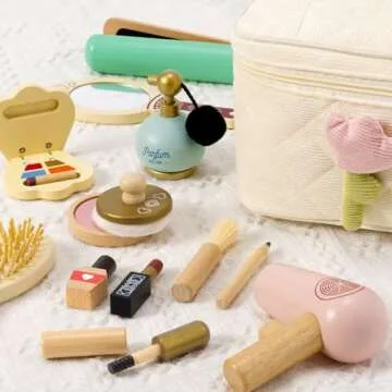 Atoylink Wooden Makeup Toy Set, 15Pcs Hair Salon Girl Toys Toddler Pretend Play Makeup Kit with Plush Makeup Bag Princess Beauty Realistic Accessories for Girls Age 3 4 5 6 Birthday Gifts