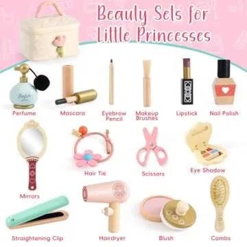 Atoylink Wooden Makeup Toy Set, 15Pcs Hair Salon Girl Toys Toddler Pretend Play Makeup Kit with Plush Makeup Bag Princess Beauty Realistic Accessories for Girls Age 3 4 5 6 Birthday Gifts