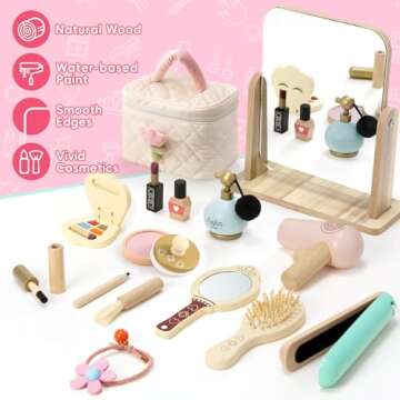 Atoylink Wooden Makeup Toy Set, 15Pcs Hair Salon Girl Toys Toddler Pretend Play Makeup Kit with Plush Makeup Bag Princess Beauty Realistic Accessories for Girls Age 3 4 5 6 Birthday Gifts