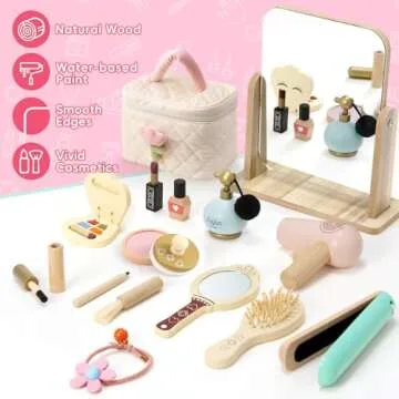 Atoylink Wooden Makeup Toy Set, 15Pcs Hair Salon Girl Toys Toddler Pretend Play Makeup Kit with Plush Makeup Bag Princess Beauty Realistic Accessories for Girls Age 3 4 5 6 Birthday Gifts