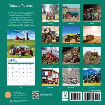 2024 Vintage Tractors Monthly Wall Calendar by Bright Day, 12 x 12 Inch Antique Farm Machinery