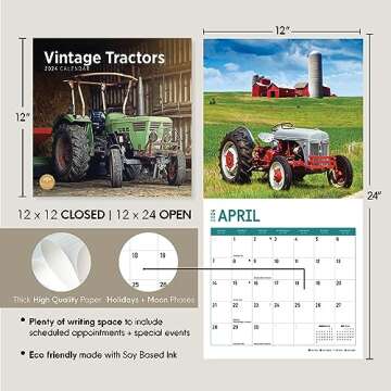 2024 Vintage Tractors Monthly Wall Calendar by Bright Day, 12 x 12 Inch Antique Farm Machinery