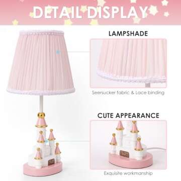 HERBESTBAY Kids Table Lamp, Adorable 14 Inch Castle Style Kids Desk Lamp, Pink Bedside Lamp Ideal for Girls Bedroom Decor, Includes LED Bulb