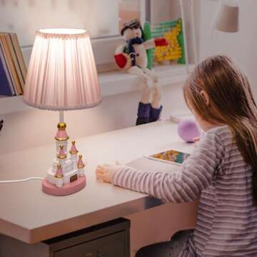 HERBESTBAY Kids Table Lamp, Adorable 14 Inch Castle Style Kids Desk Lamp, Pink Bedside Lamp Ideal for Girls Bedroom Decor, Includes LED Bulb