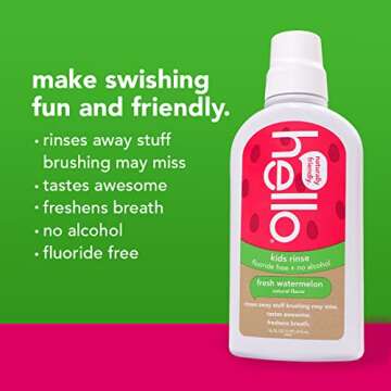 Hello Natural Watermelon Flavor Kids Fluoride Free Rinse, Alcohol Free, Vegan, SLS Free, Mouthwash for Kids Age 6 and Up, 16 Fl Oz (Pack of 3)