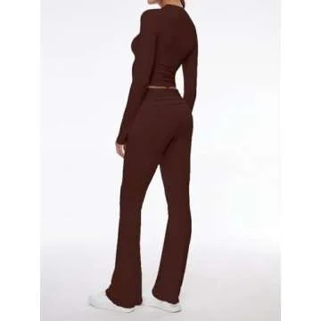 AnotherChill Women's 2 Piece Lounge Sets Fold-over Flare Pants Set Long Sleeve Cropped Top Casual Outfits Pajamas (Chocolate, X-Small Petite)