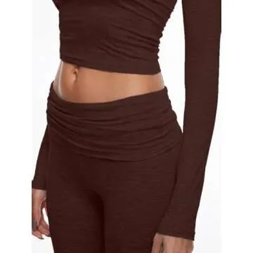 AnotherChill Women's 2 Piece Lounge Sets Fold-over Flare Pants Set Long Sleeve Cropped Top Casual Outfits Pajamas (Chocolate, X-Small Petite)