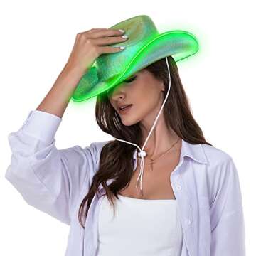 Holographic Space, Led Green, Disco Cowboy and Cowgirl Hats with Light-Up Feature