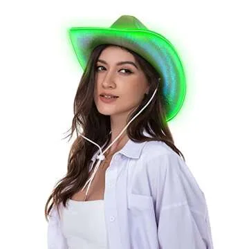 Holographic Space, Led Green, Disco Cowboy and Cowgirl Hats with Light-Up Feature