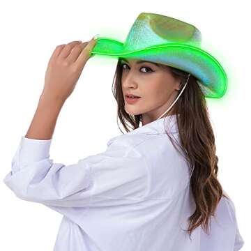Holographic Space, Led Green, Disco Cowboy and Cowgirl Hats with Light-Up Feature