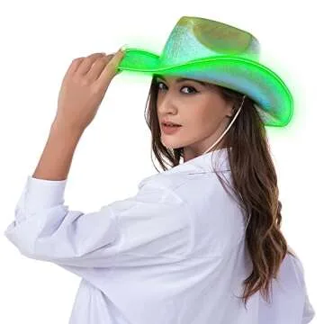 Holographic Space, Led Green, Disco Cowboy and Cowgirl Hats with Light-Up Feature