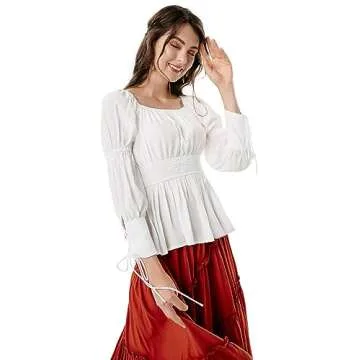 SCARLET DARKNESS Women Peasant Blouse Renaissance Shirt Long Sleeve Peplum Blouse Plus Size White XL