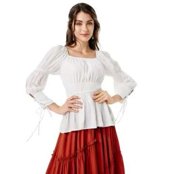 SCARLET DARKNESS Women Peasant Blouse Renaissance Shirt Long Sleeve Peplum Blouse Plus Size White XL